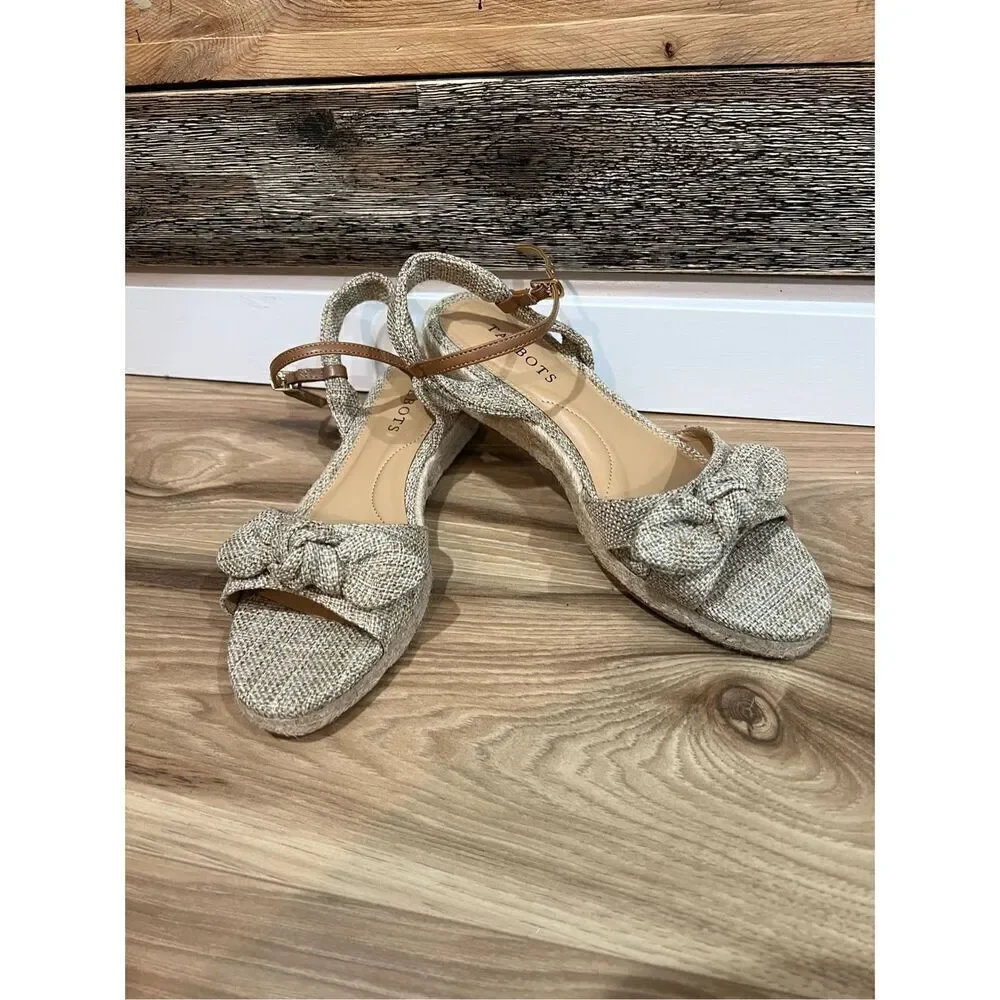 Talbots new with defects PAMELA BOW LINEN ESPADRILLE WEDGES sz 7.5
